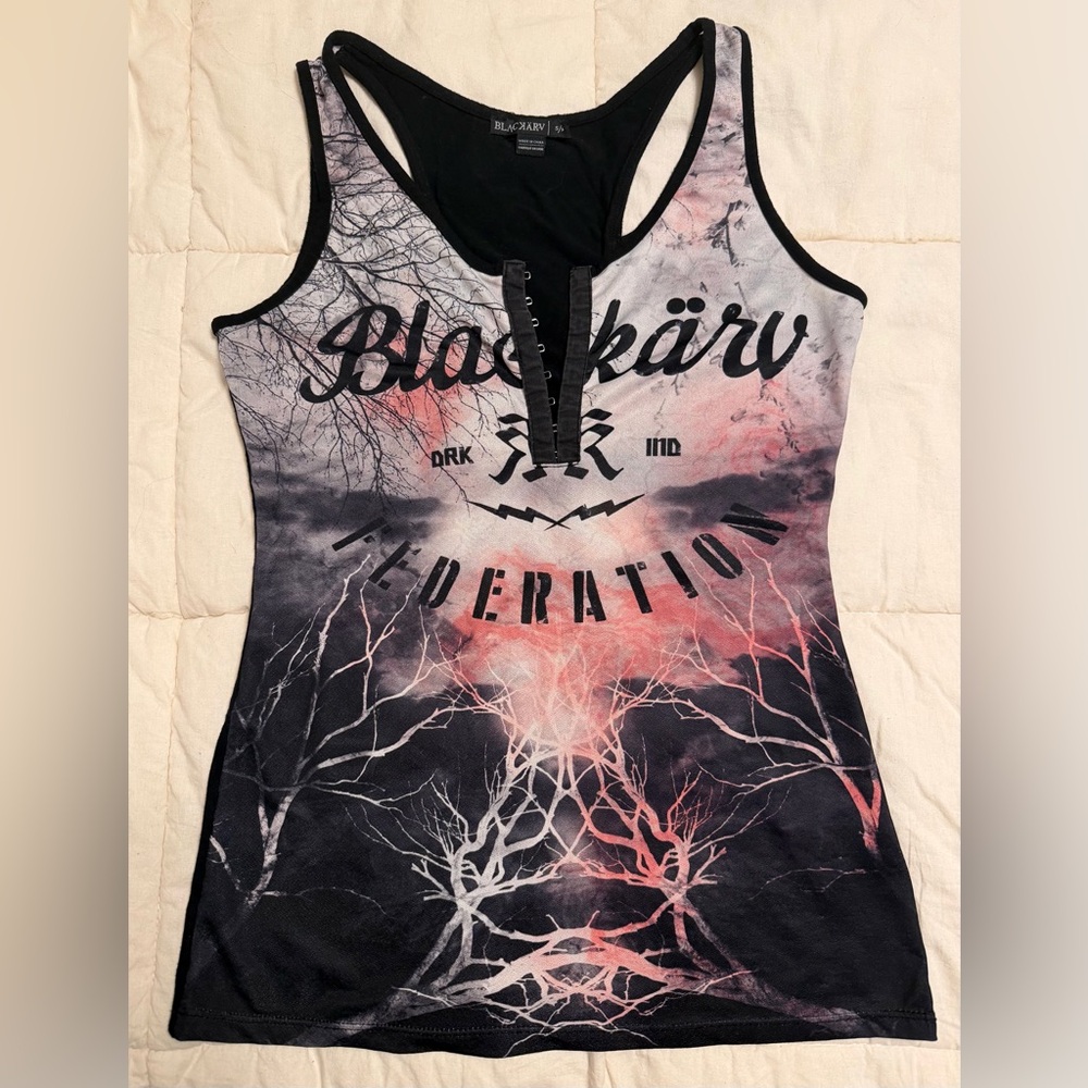 Y2K Style BlackKärv Graphic Lace-Up Tank Top with cut out back